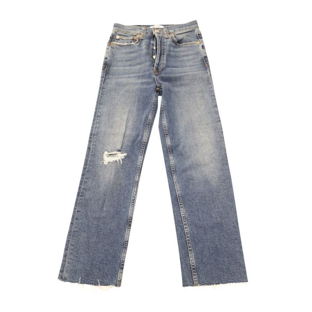 Re/Done Comfort Stretch Ultra High Rise Stove Pipe Jeans in Blue Cotton Denim